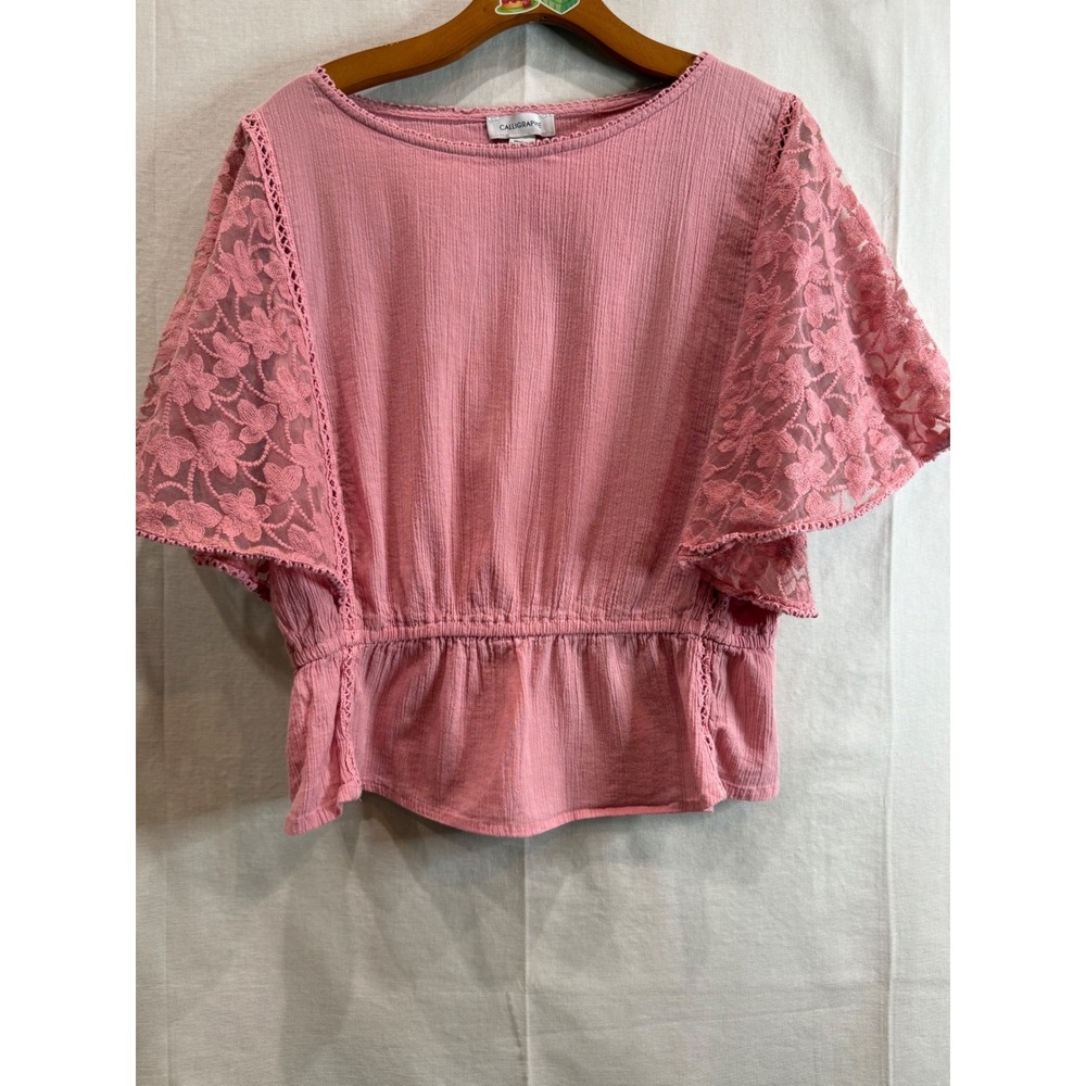Calligraphie Women Pink Lace Flutter Sleeve Peplum Top Boat Neck Blouse Large